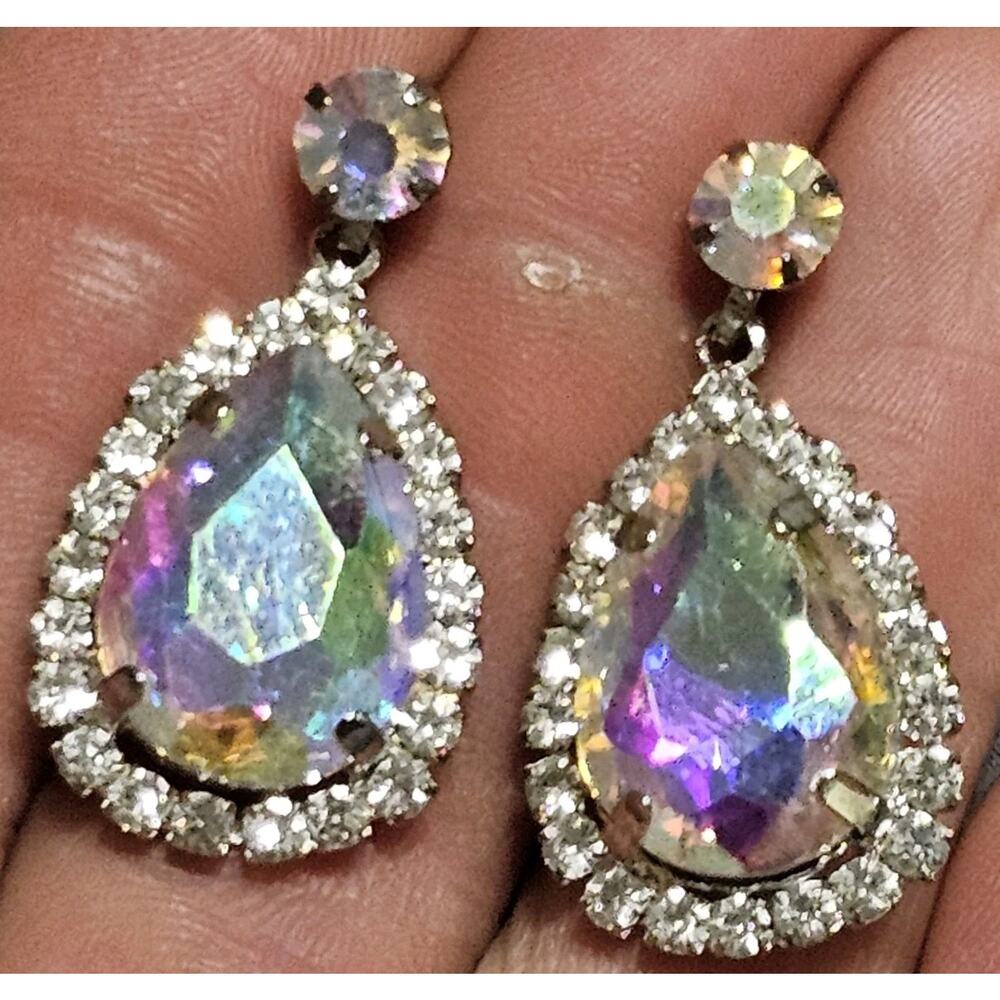 Vintage Silver Aurora Borealis Teardrop Dangle Earrings